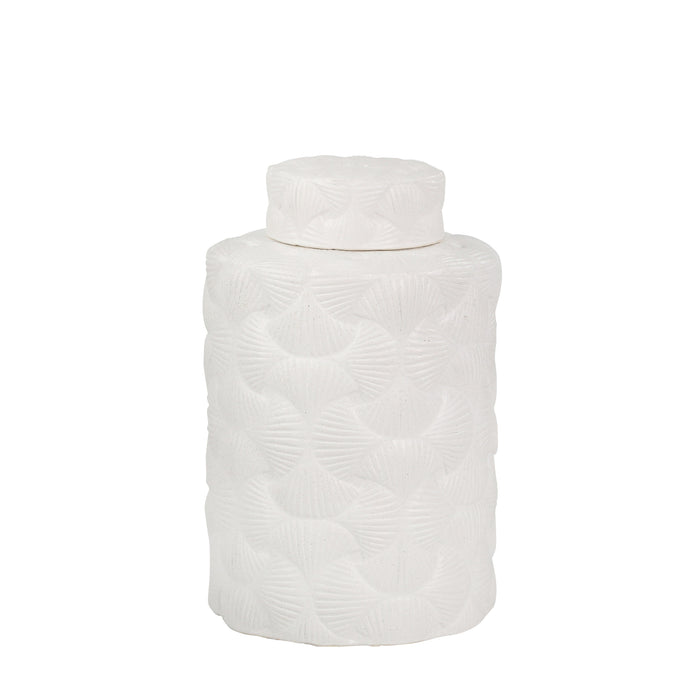 Ceramic 13.5" Shell Embossed Covered Jar, Matte White