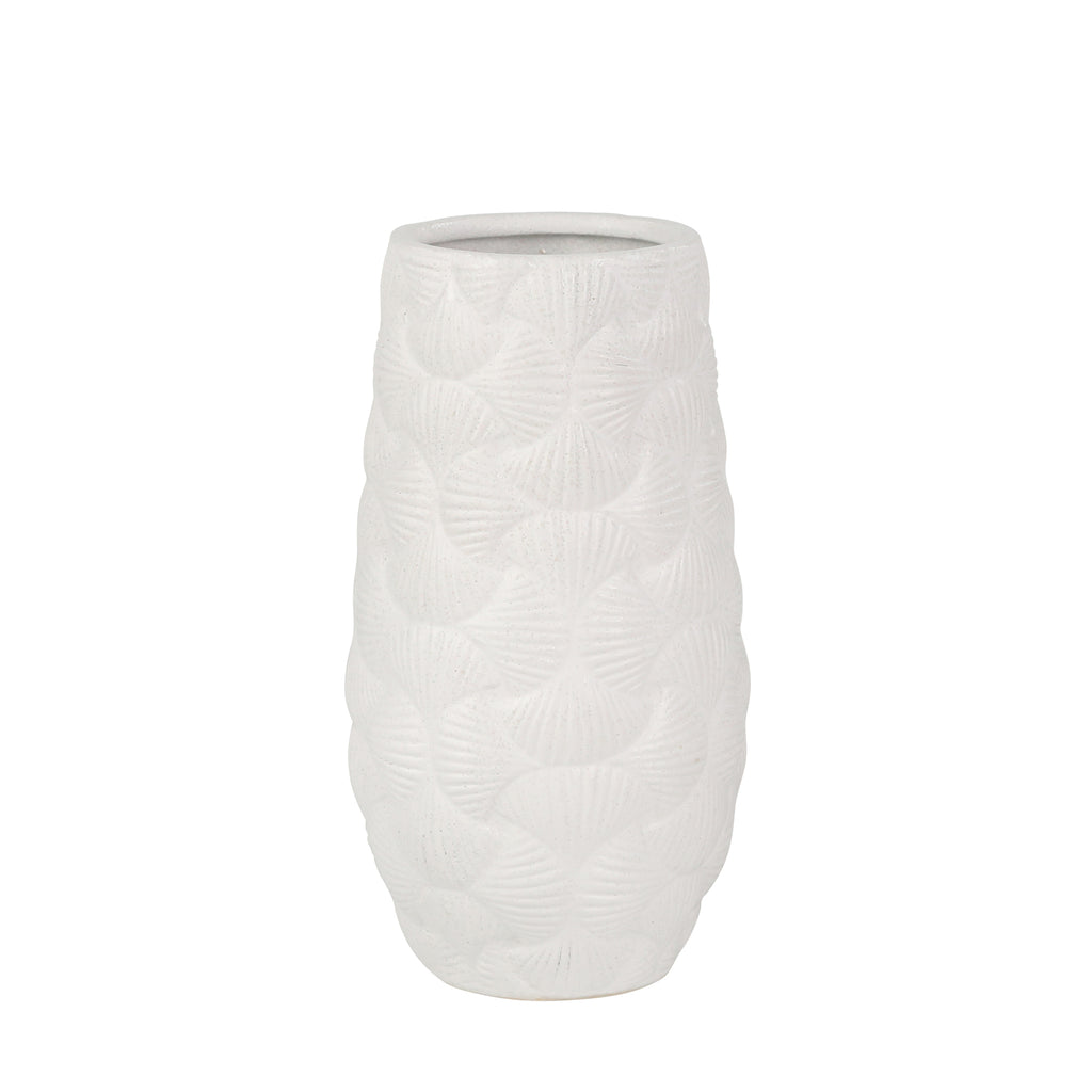 Ceramic 12.5" Shell Embossed Vase, Matte White - ReeceFurniture.com