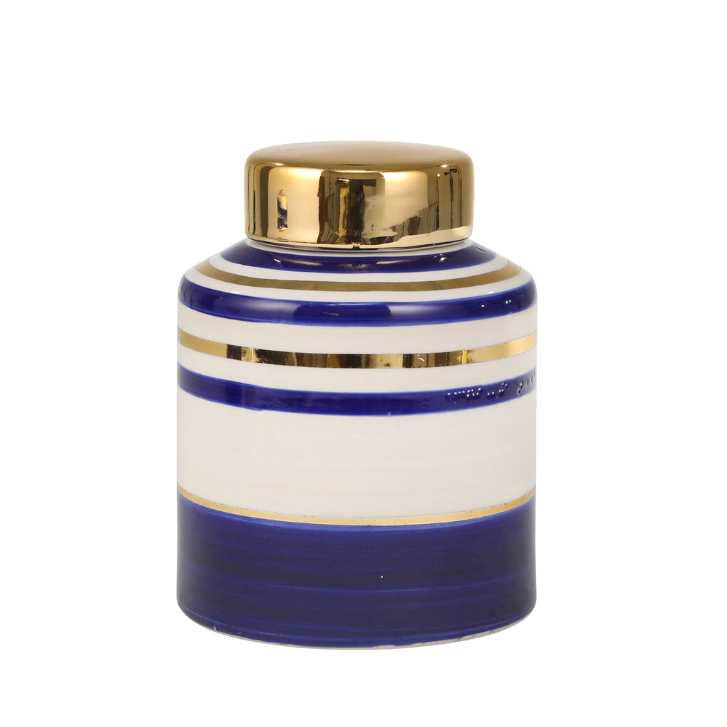 Ceramic 9" Covered Jar, Blue/Gold - ReeceFurniture.com