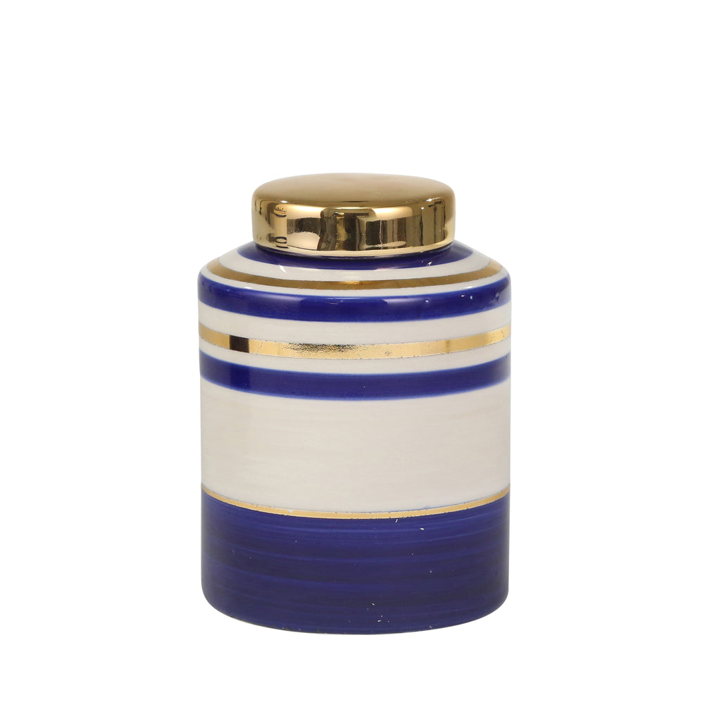 Ceramic 7" Covered Jar, Blue/Gold - ReeceFurniture.com