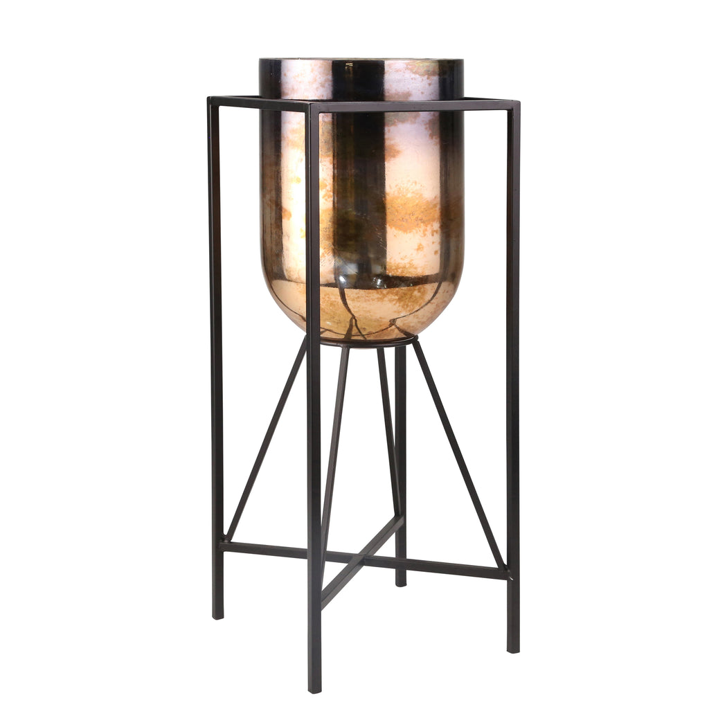 Glass 24" Hurricane On Iron Stand, Gold Mix - ReeceFurniture.com