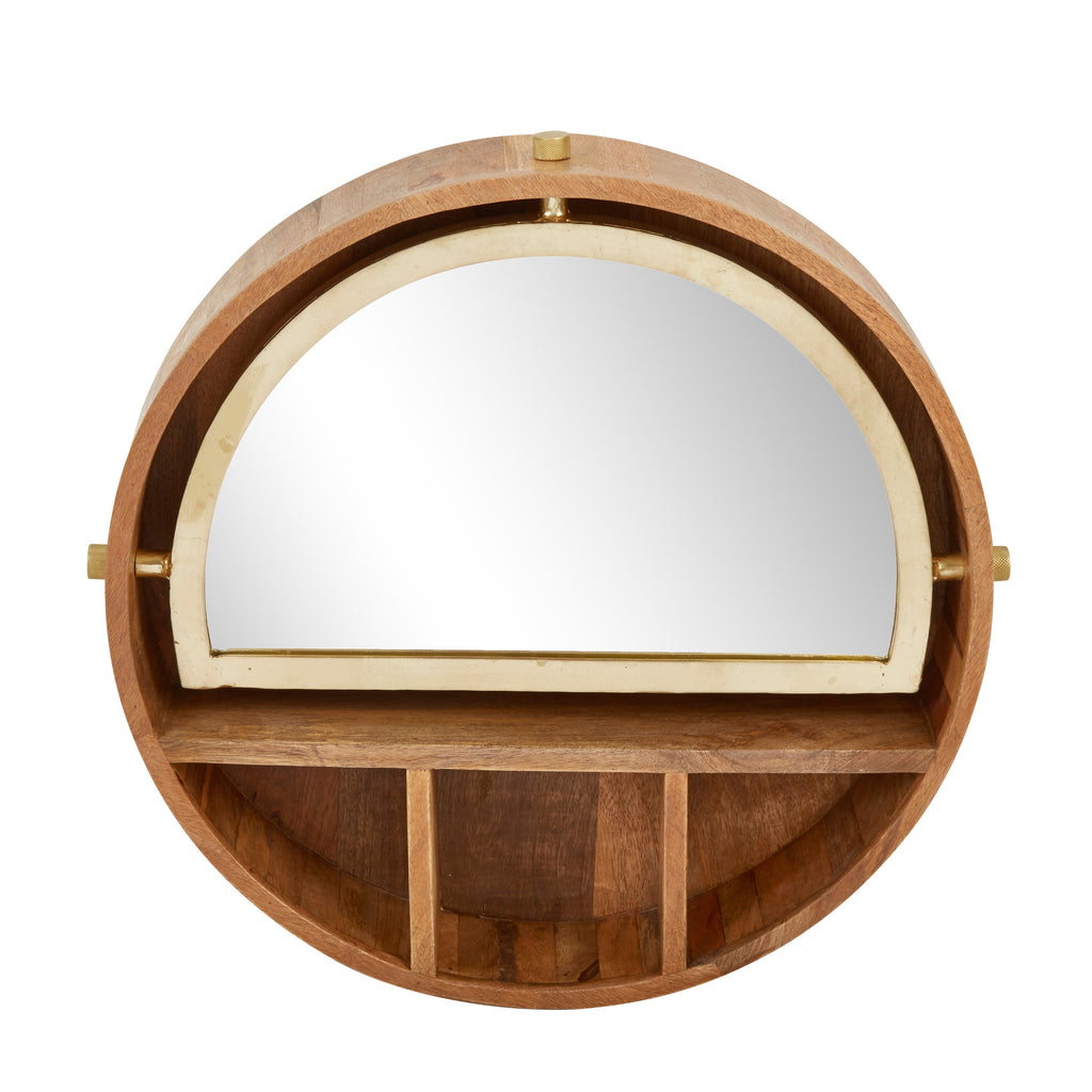 Wood/ Iron 26" Wall Mirror With Shelves, Brown - ReeceFurniture.com