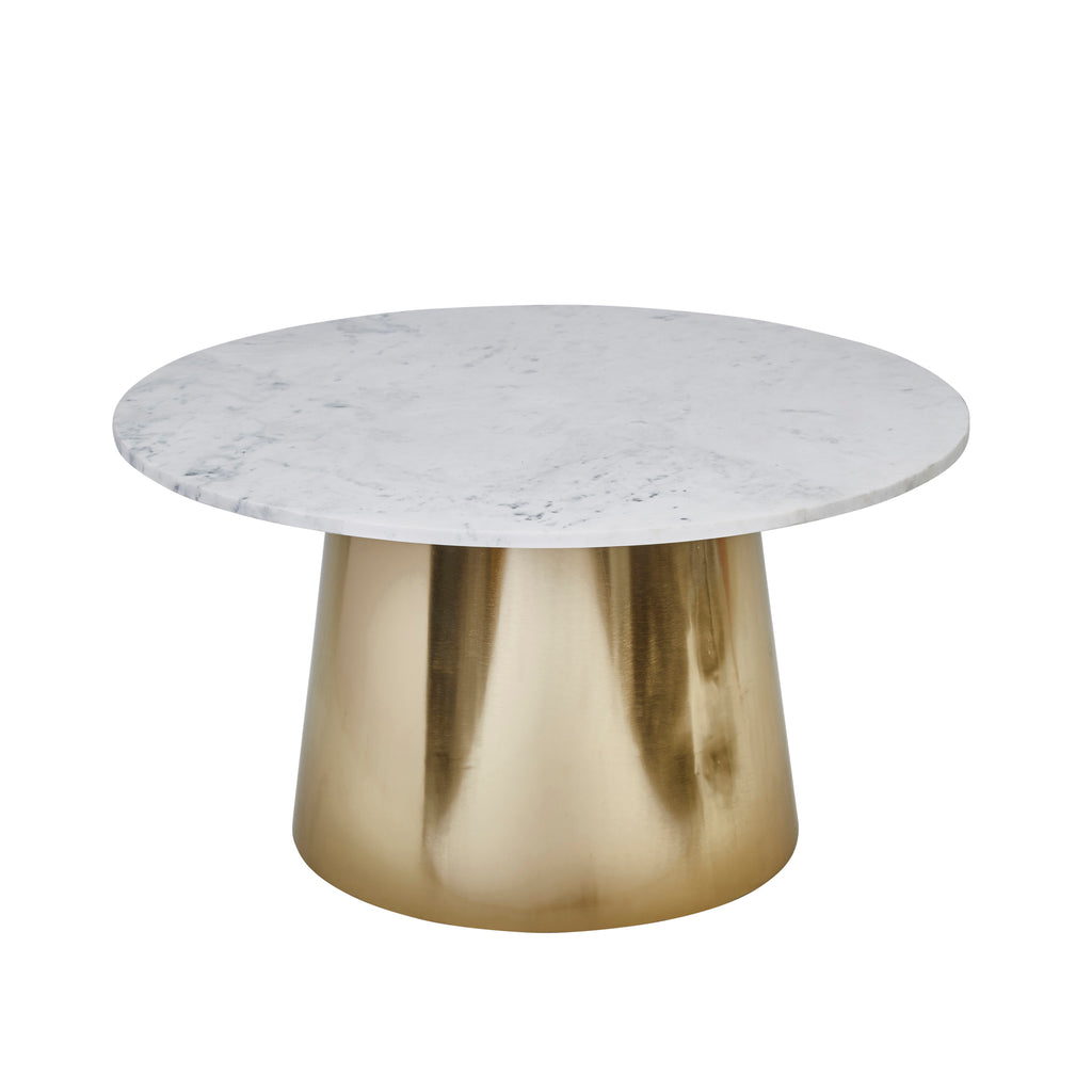 Iron 31" Round Cocktail Table  W/ Marble Top, Gold/White - ReeceFurniture.com