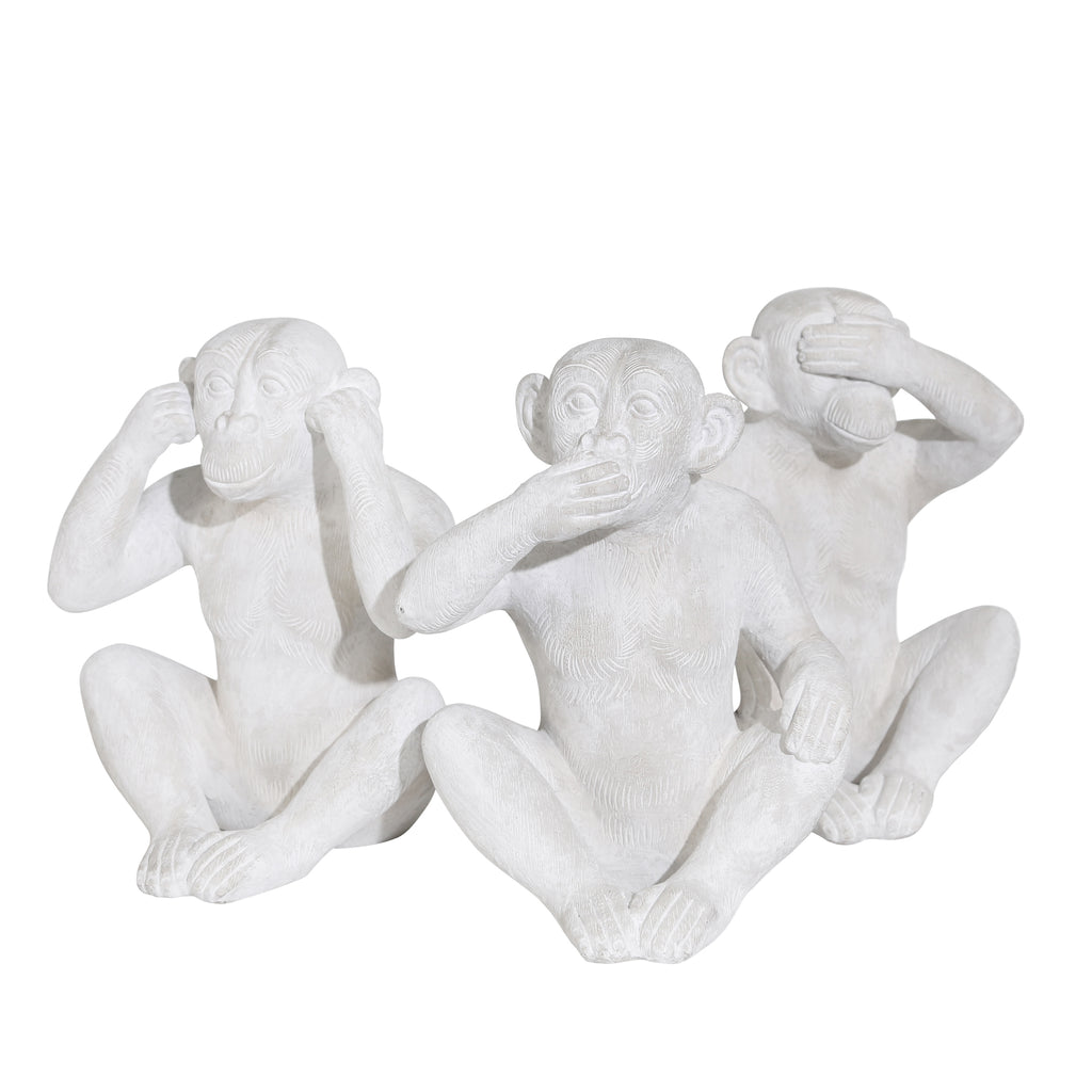 S/3 Resin 10" Monkey See No/Say No/Hear No Figurines, White - ReeceFurniture.com