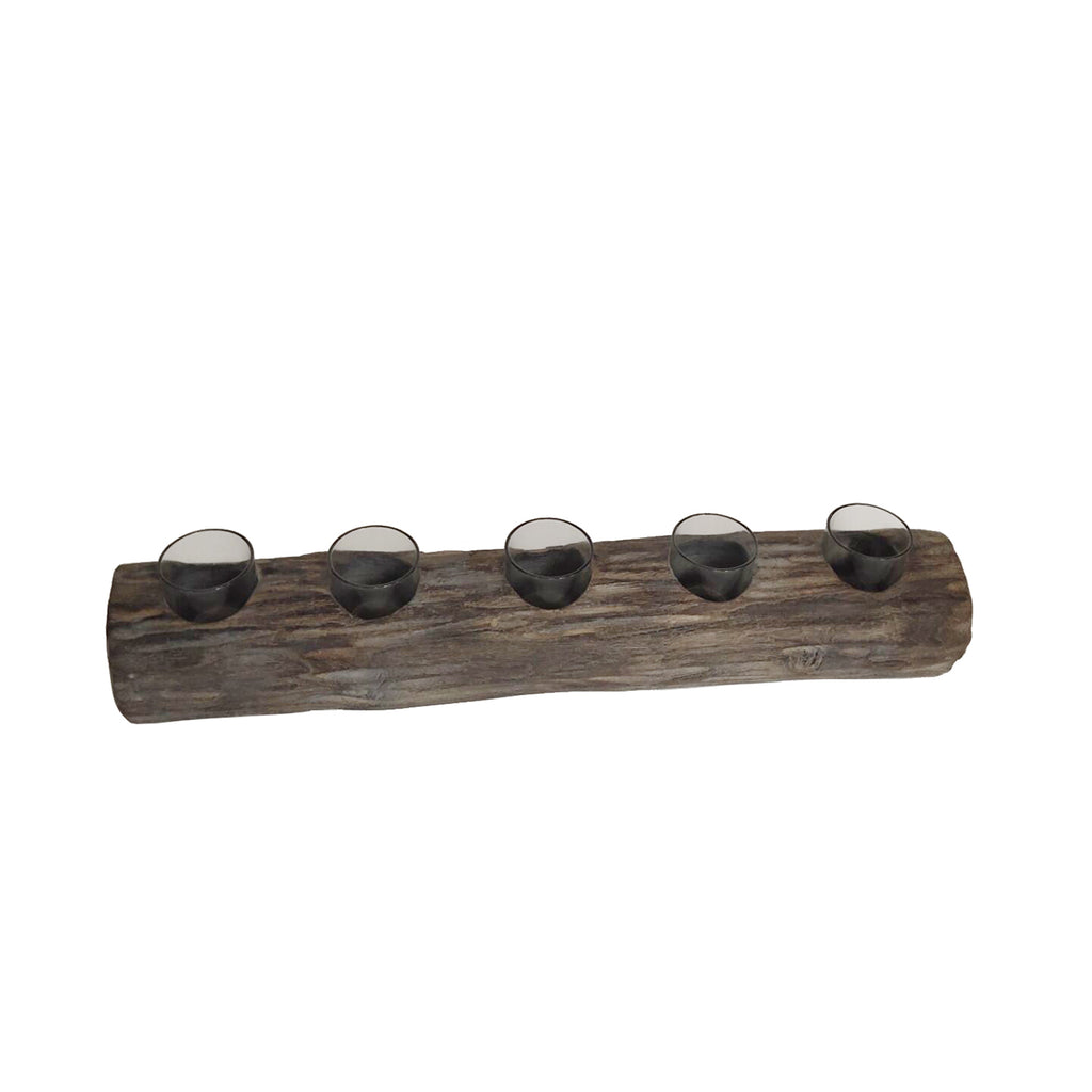 Wood 23.25" Log 5 Cup Tea Light Holder, Gray - ReeceFurniture.com