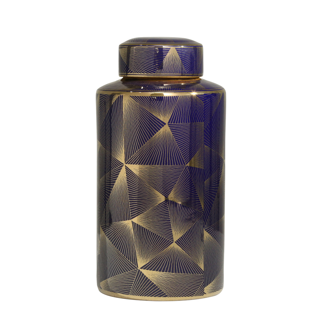 Ceramic 16" Covered Jar, Navy/Gold - ReeceFurniture.com