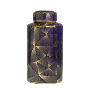 Ceramic 16" Covered Jar, Navy/Gold - ReeceFurniture.com