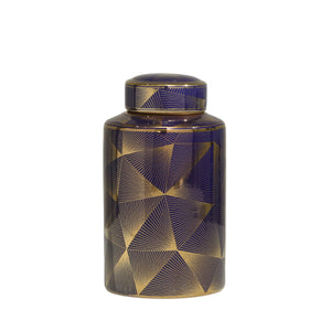Ceramic 12" Covered Jar,  Navyblue/Gold - ReeceFurniture.com
