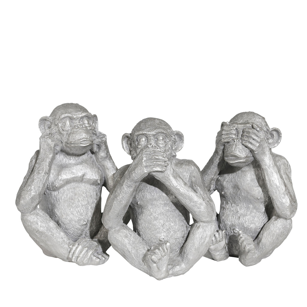 S/3 Polyresin Hear No, See Nospeak No Monkeys, Silver - ReeceFurniture.com