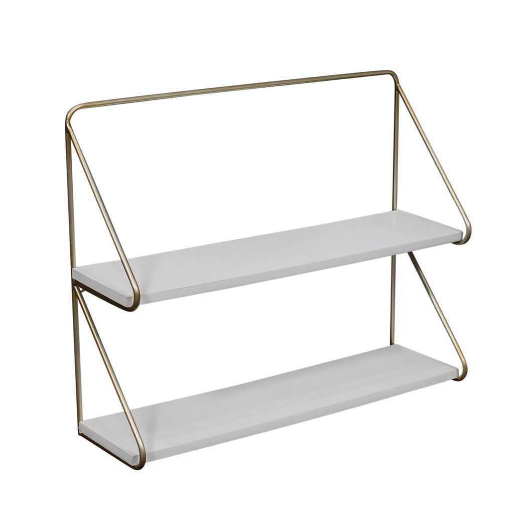 Metal /Wood 20" 2 Teier Wall Shelf, White/Gold - ReeceFurniture.com