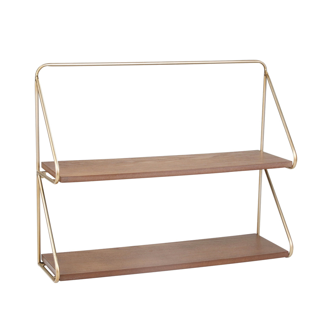 Metal/Wood 20" 2 Tier Wall Shelf, Gold - ReeceFurniture.com