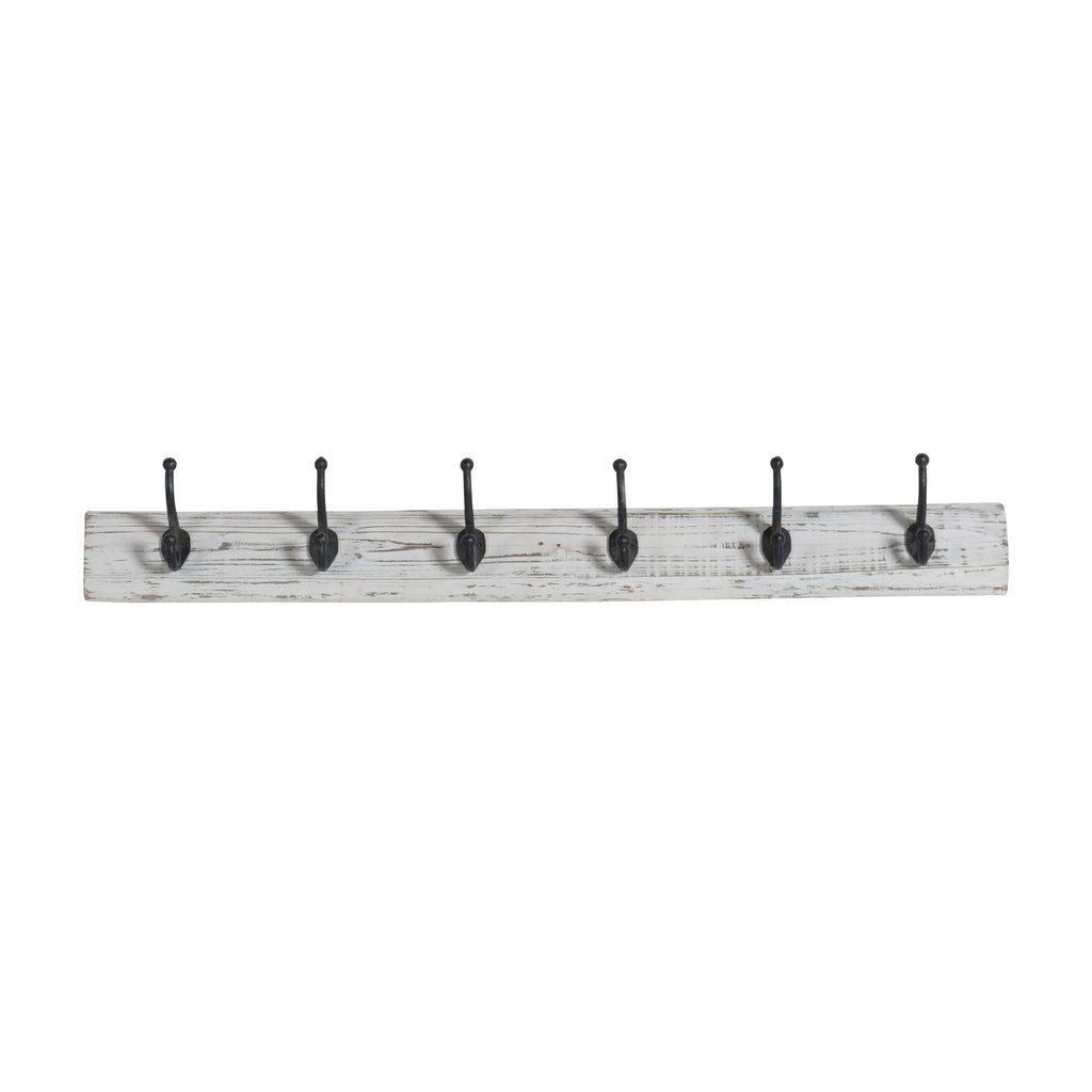 Wood / Iron 39" 6 Hook Wall Hanger, White - ReeceFurniture.com