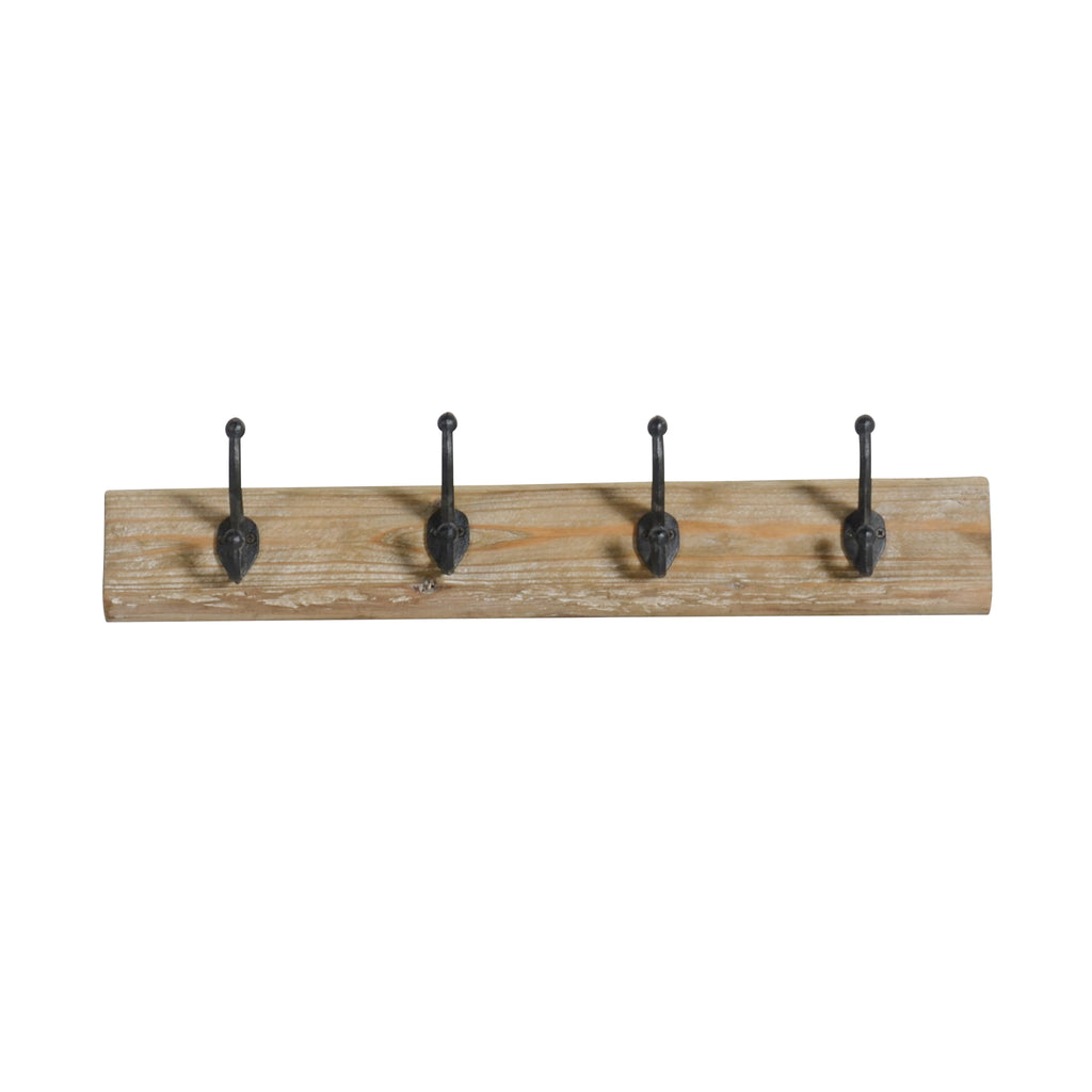 Wood / Iron 26" 4 Hook Wall Hanger, Brown - ReeceFurniture.com