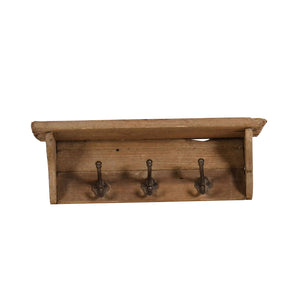 Wood 21" Wall Shelf With 3 Hooks, Brown - ReeceFurniture.com