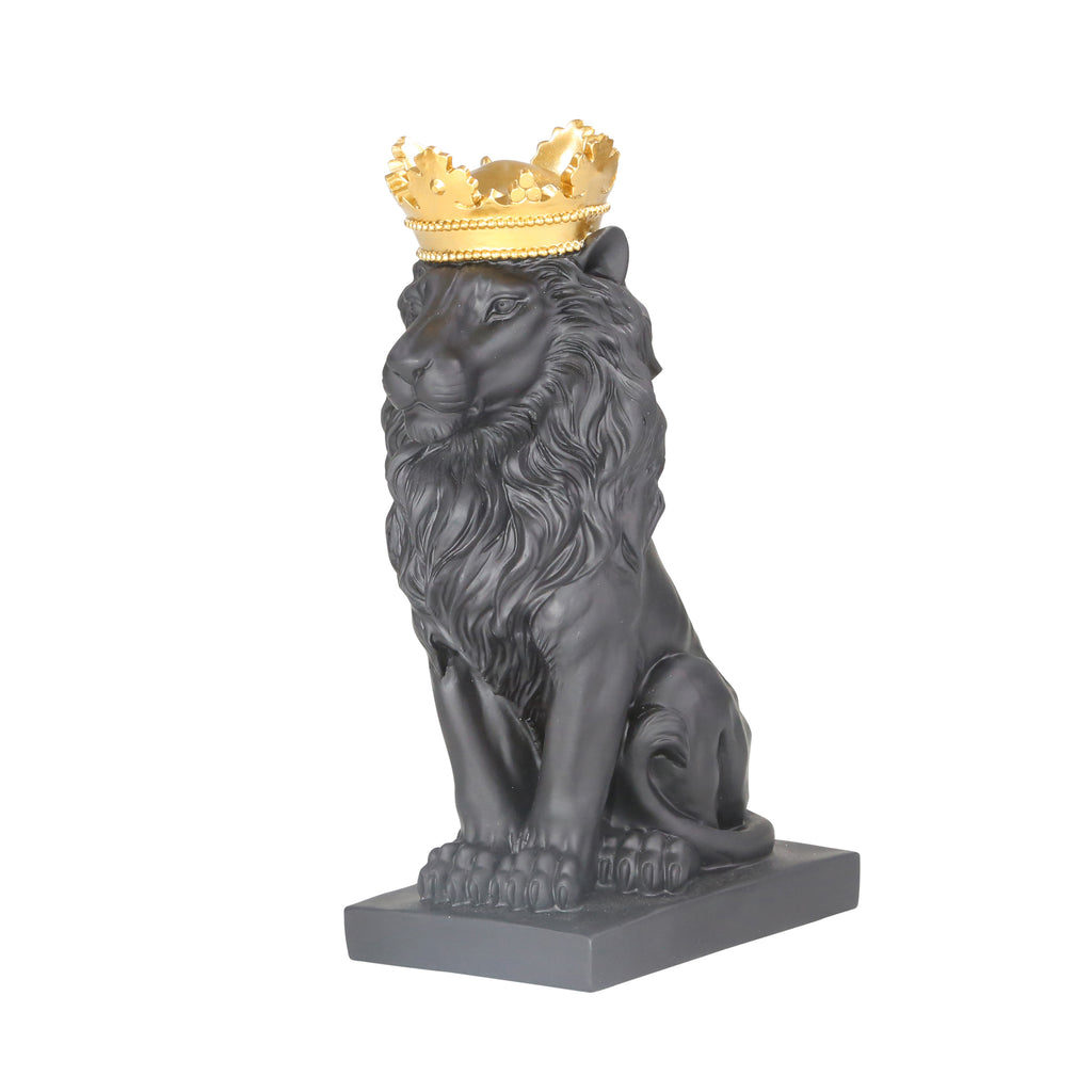 Polyresin 14" Lion Figurine W/Crown, Black - ReeceFurniture.com