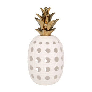 Ceramic 16"  Lattice Weave Pineapple, White / Gold - ReeceFurniture.com
