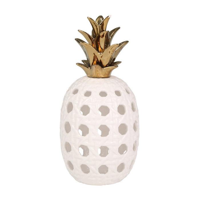 Ceramic 16"  Lattice Weave Pineapple, White / Gold