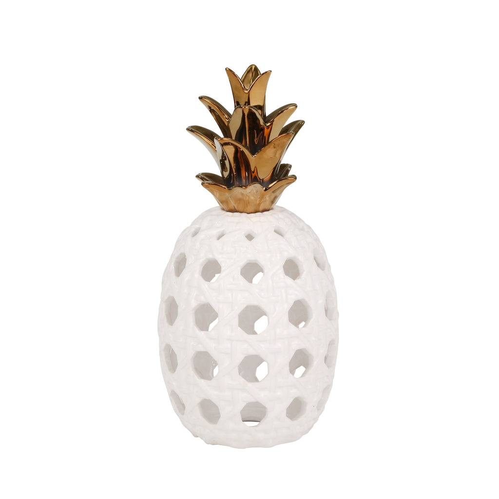 Ceramic 13" Lattice Weave Pineapple, White / Gold - ReeceFurniture.com