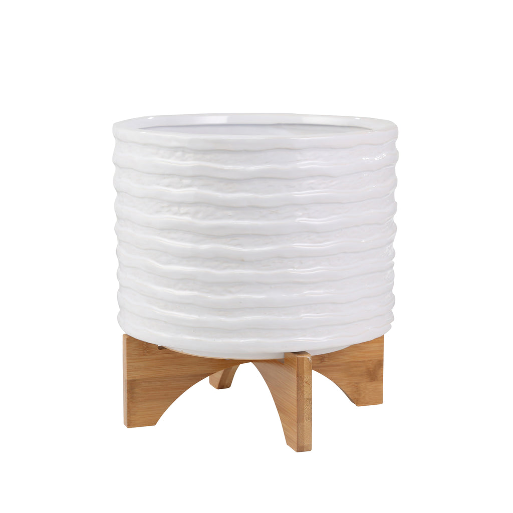 Ceramic 12" Planter On Stand,White Stripe - ReeceFurniture.com