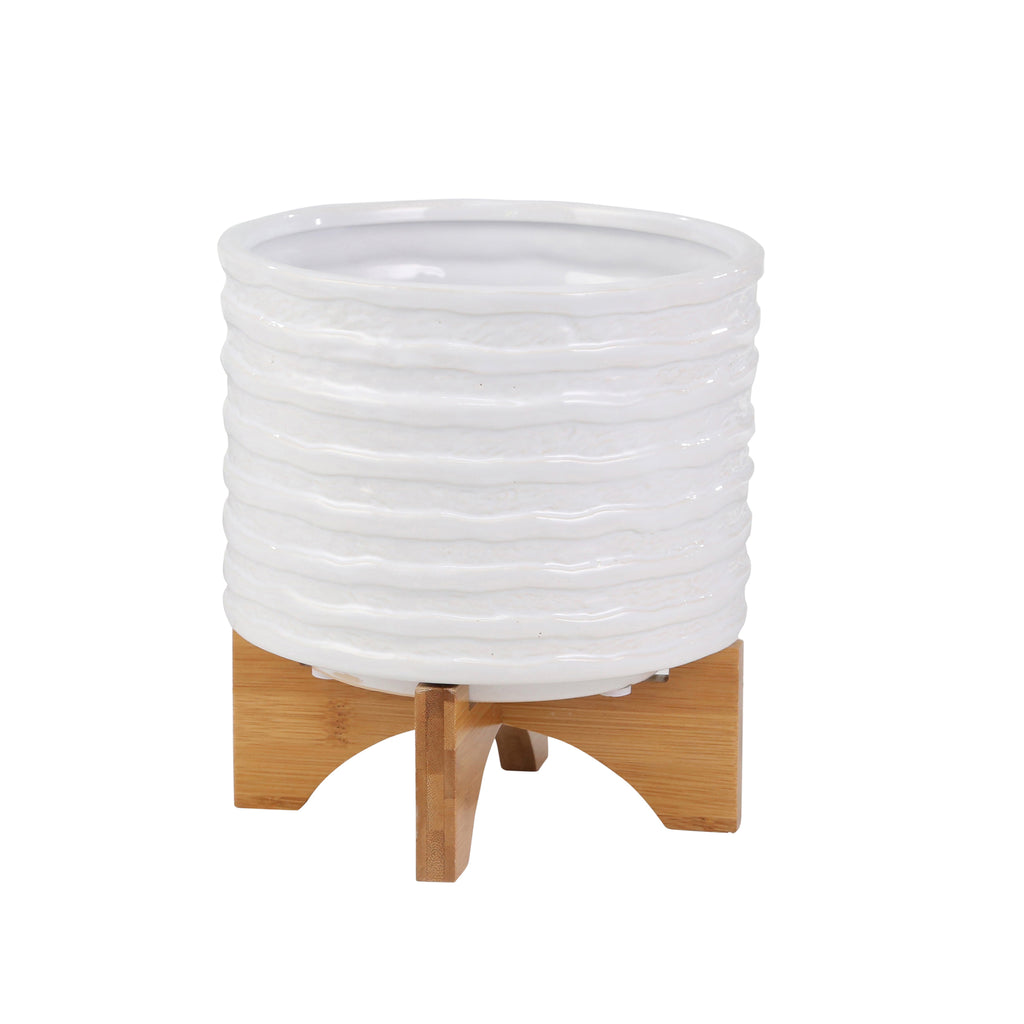 Ceramic 9" Planter On Stand, White Stripe - ReeceFurniture.com