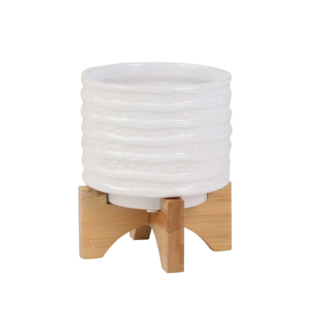 Ceramic 7" Planter On Stand, White Stripe - ReeceFurniture.com