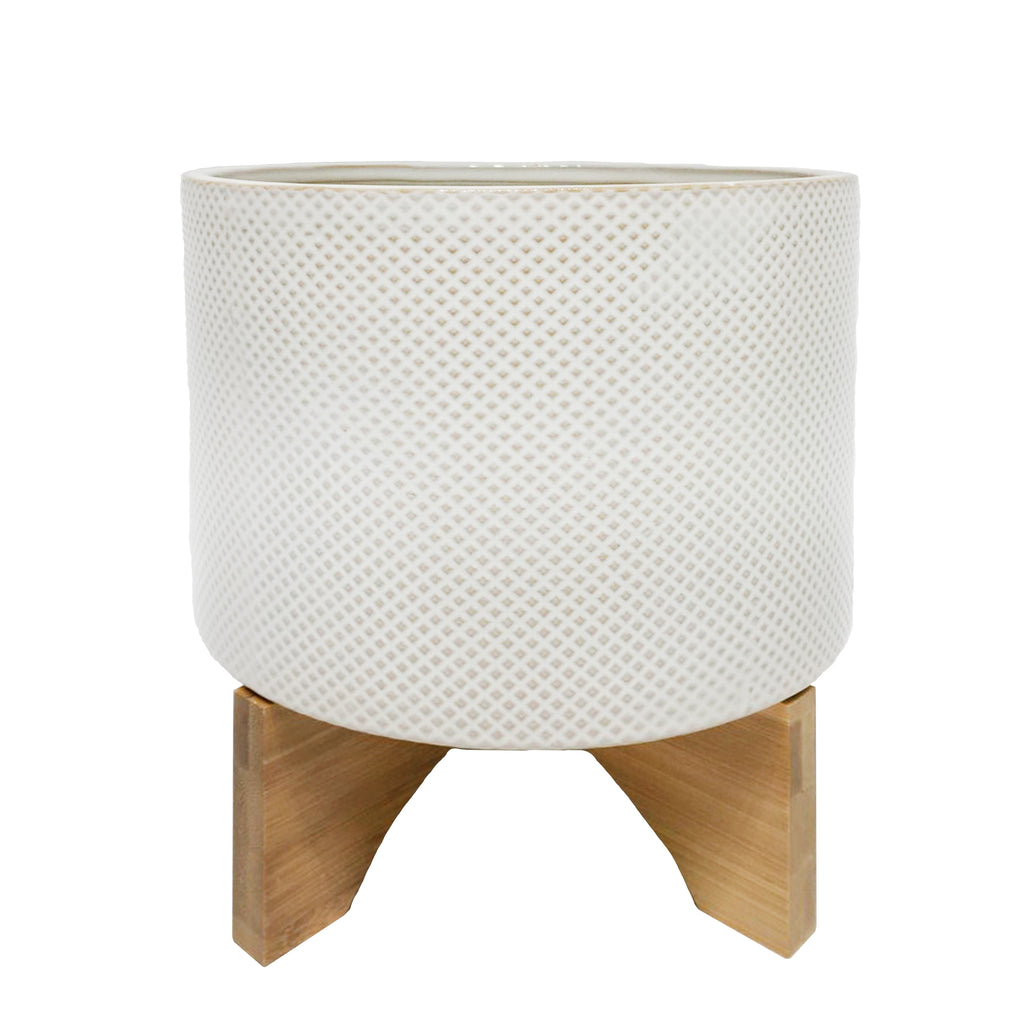 Ceramic 12" Planter On Stand,White / Tan Dot - ReeceFurniture.com