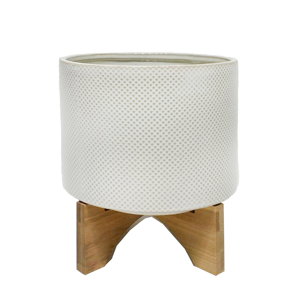 Ceramic 9" Planter On Stand, White/Tan Dot - ReeceFurniture.com