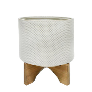 Ceramic 9" Planter On Stand, White/Tan Dot - ReeceFurniture.com