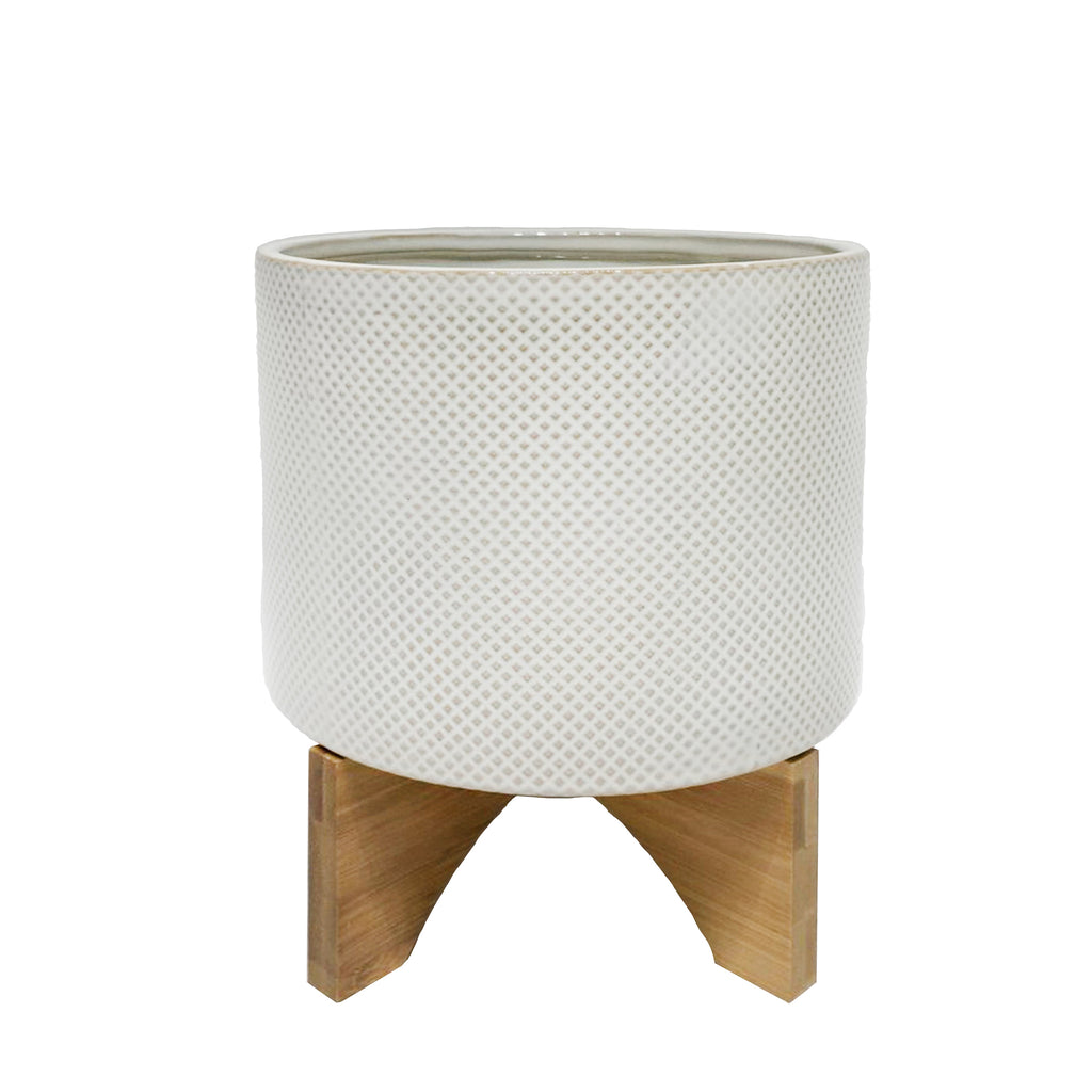 Ceramic 7" Planter On Stand, White /Tan Dot - ReeceFurniture.com