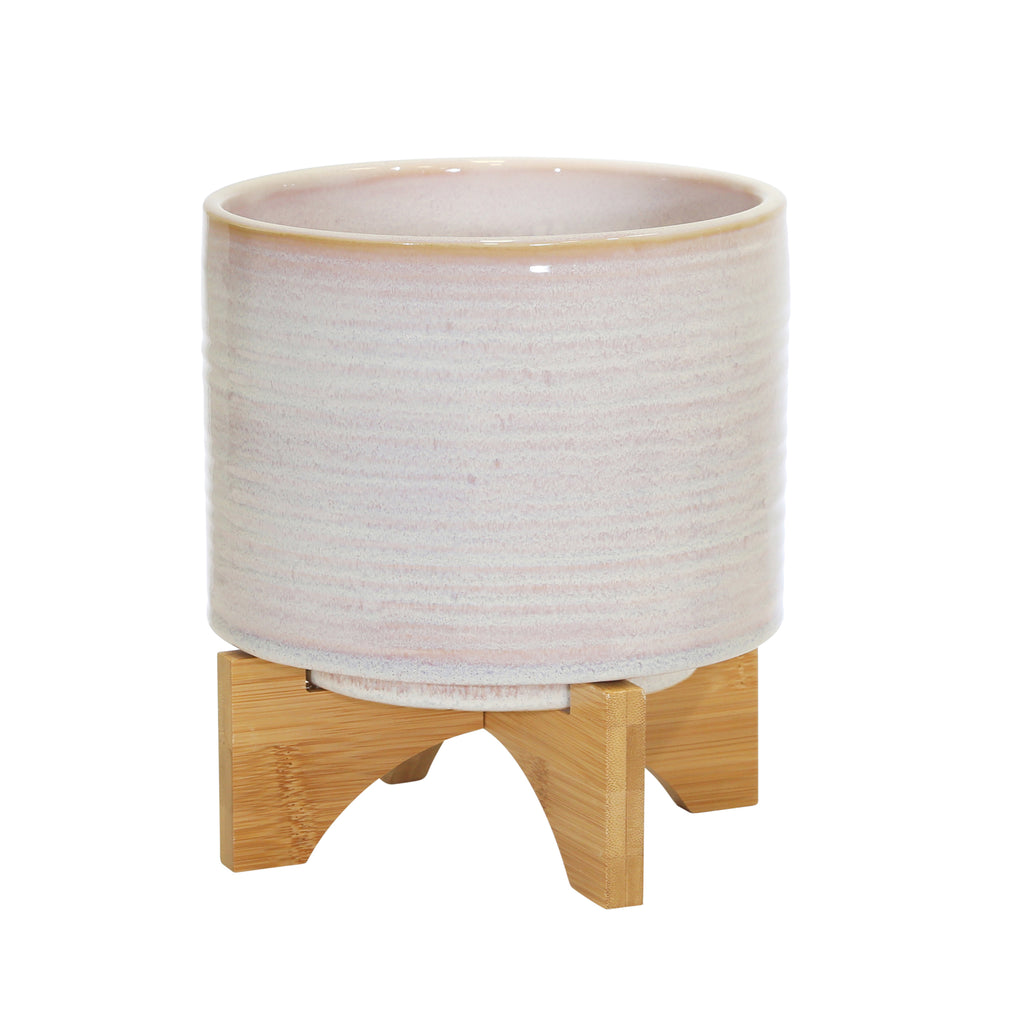 Ceramic 9" Planter On Stand, Cream Stripe - ReeceFurniture.com