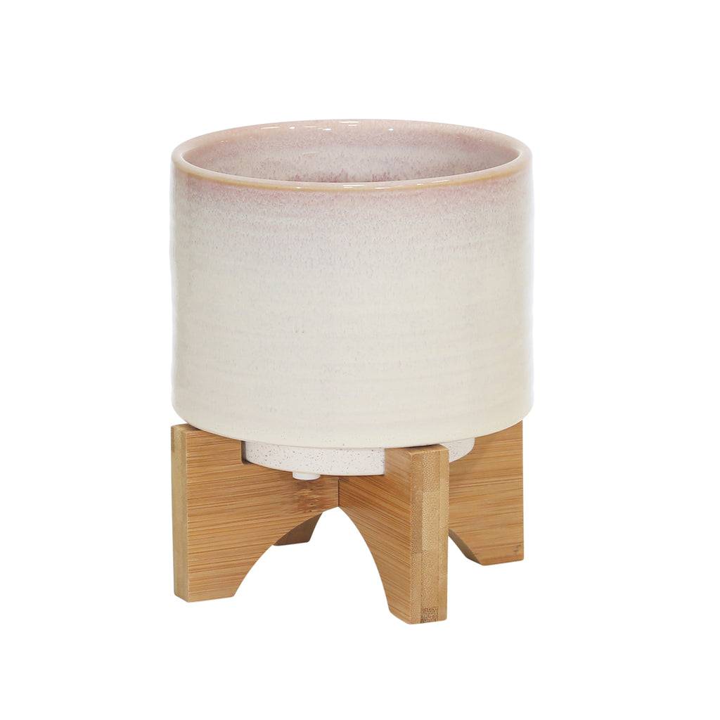 Ceramic 7" Planter On Stand, Cream Stripe - ReeceFurniture.com