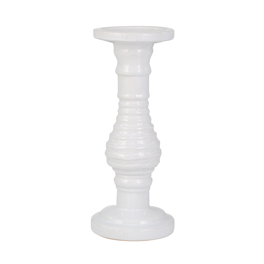 Ceramic 11" Candle Holder, White Stripe - ReeceFurniture.com