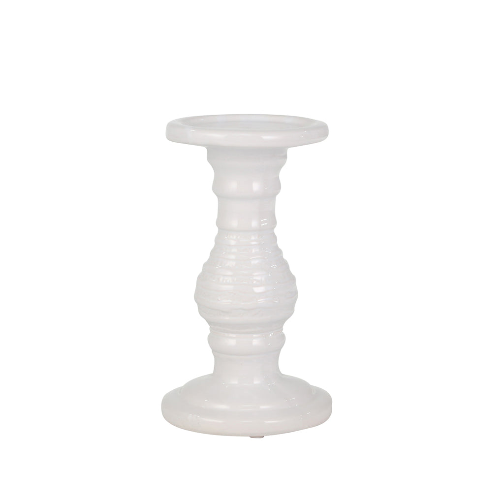 Ceramic 8" Candle Holder, White Stripe - ReeceFurniture.com