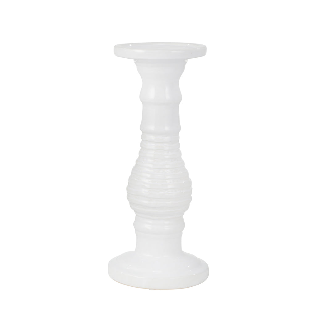 Ceramic 15" Candle Holder, White Stripe - ReeceFurniture.com