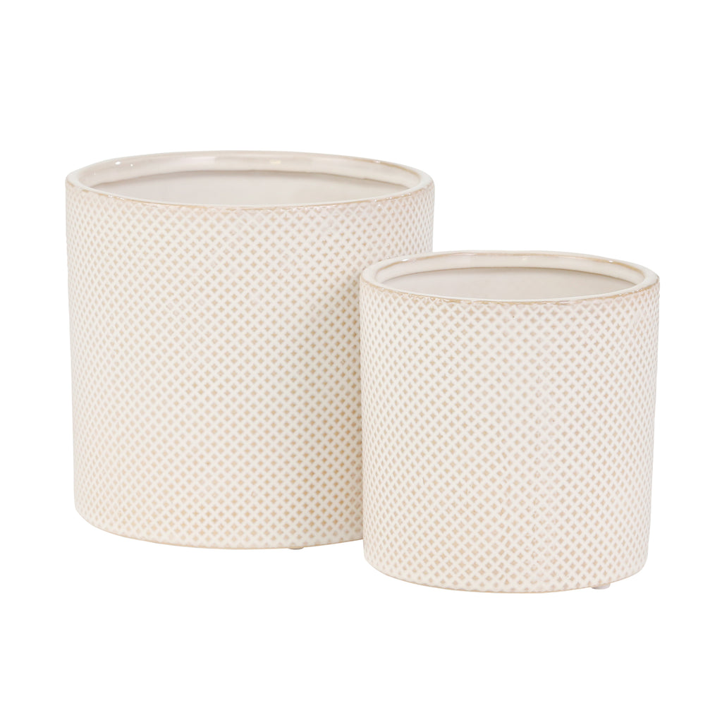 S/2 Ceramic 7/5" Planters, White/Tan Dot - ReeceFurniture.com