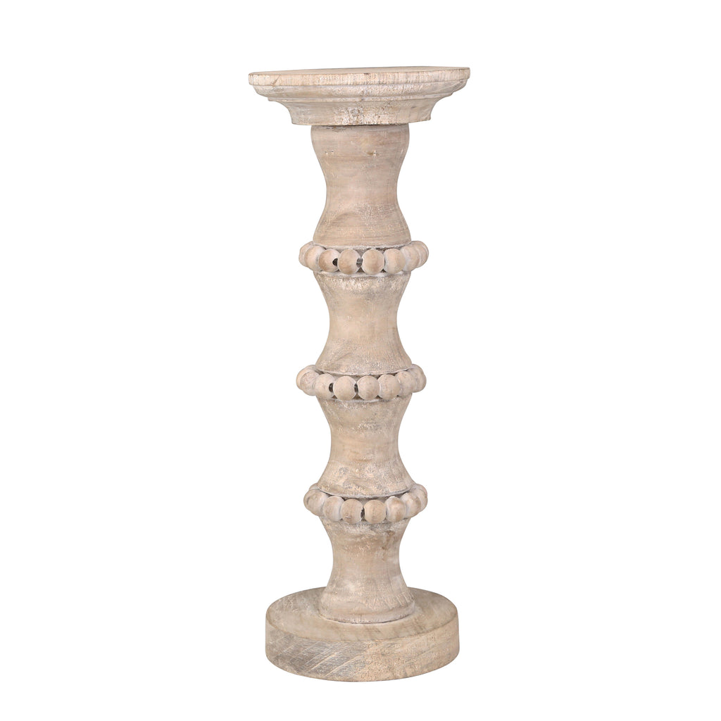 Wooden 15" Banded Bead Candle Holder, Distressed Ivory - ReeceFurniture.com