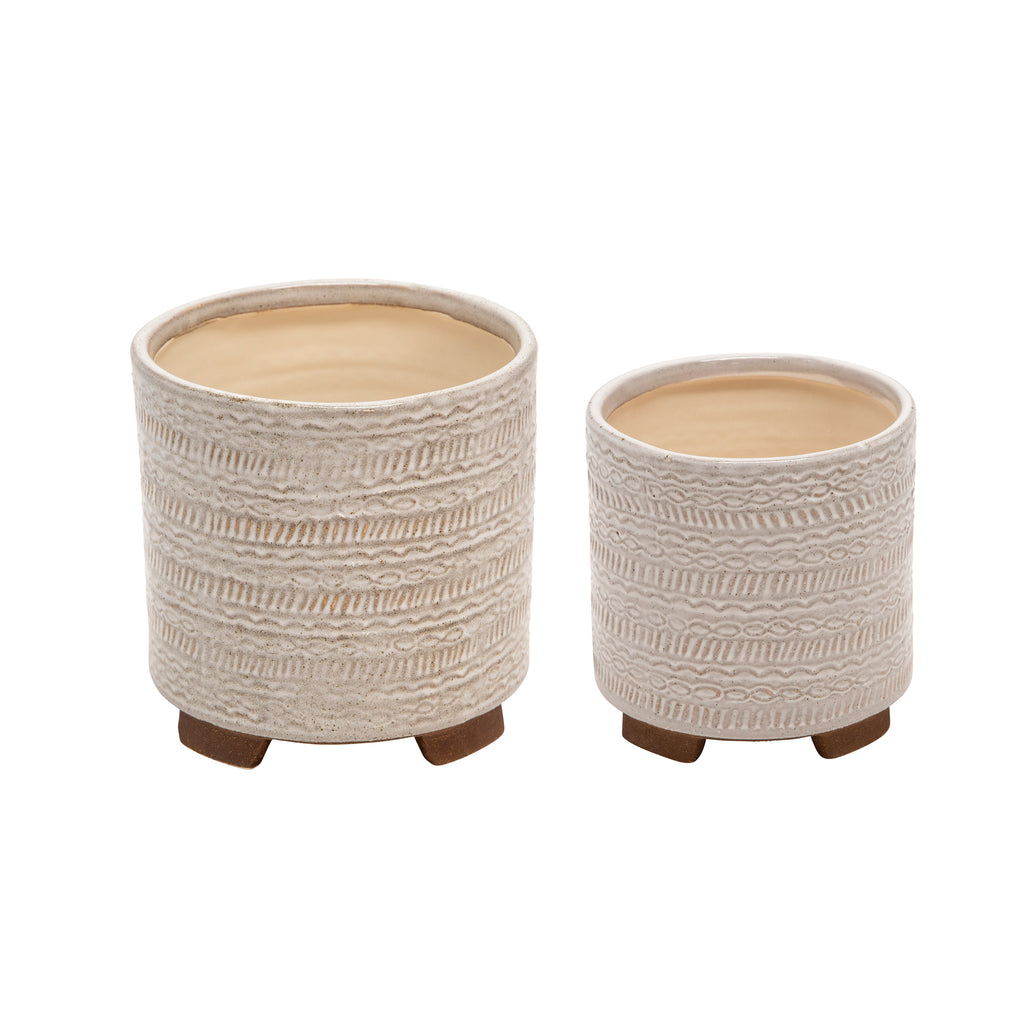S/2 Ceramic Tribal Look 8/7" Planters, Ivory - ReeceFurniture.com