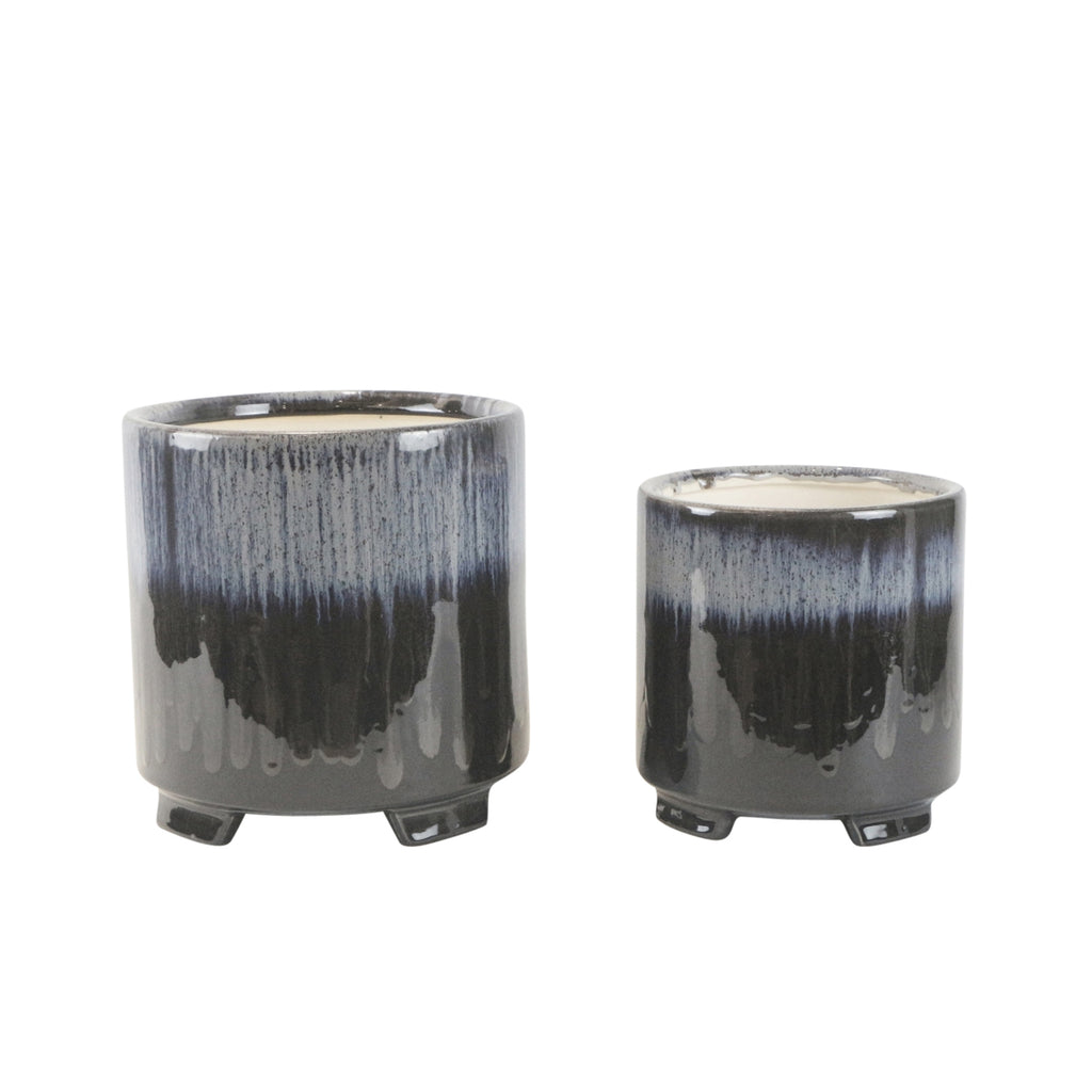 S/2 Ceramic 8/6.5" Footed Planter, Blue - ReeceFurniture.com