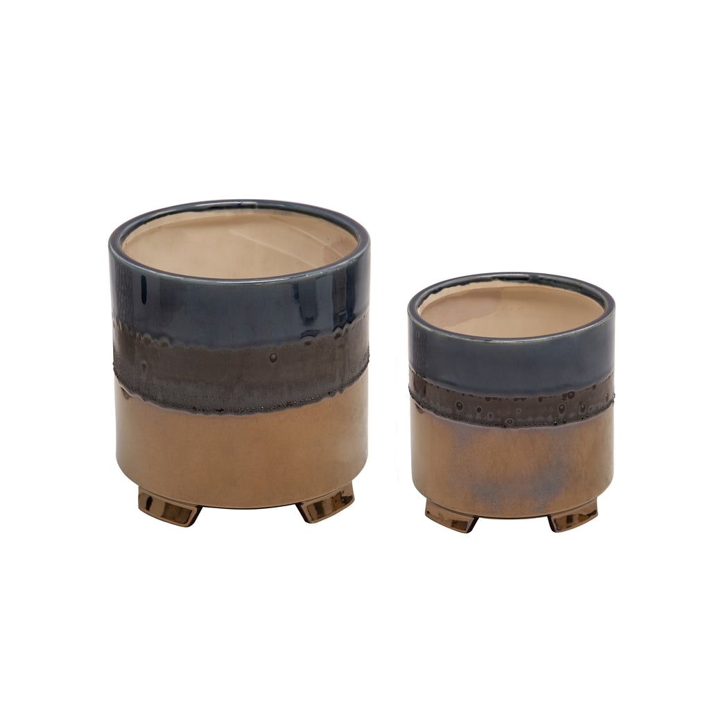 S/2 Ceramic 8/6.5" Footed Planter, Metallic Blue - ReeceFurniture.com