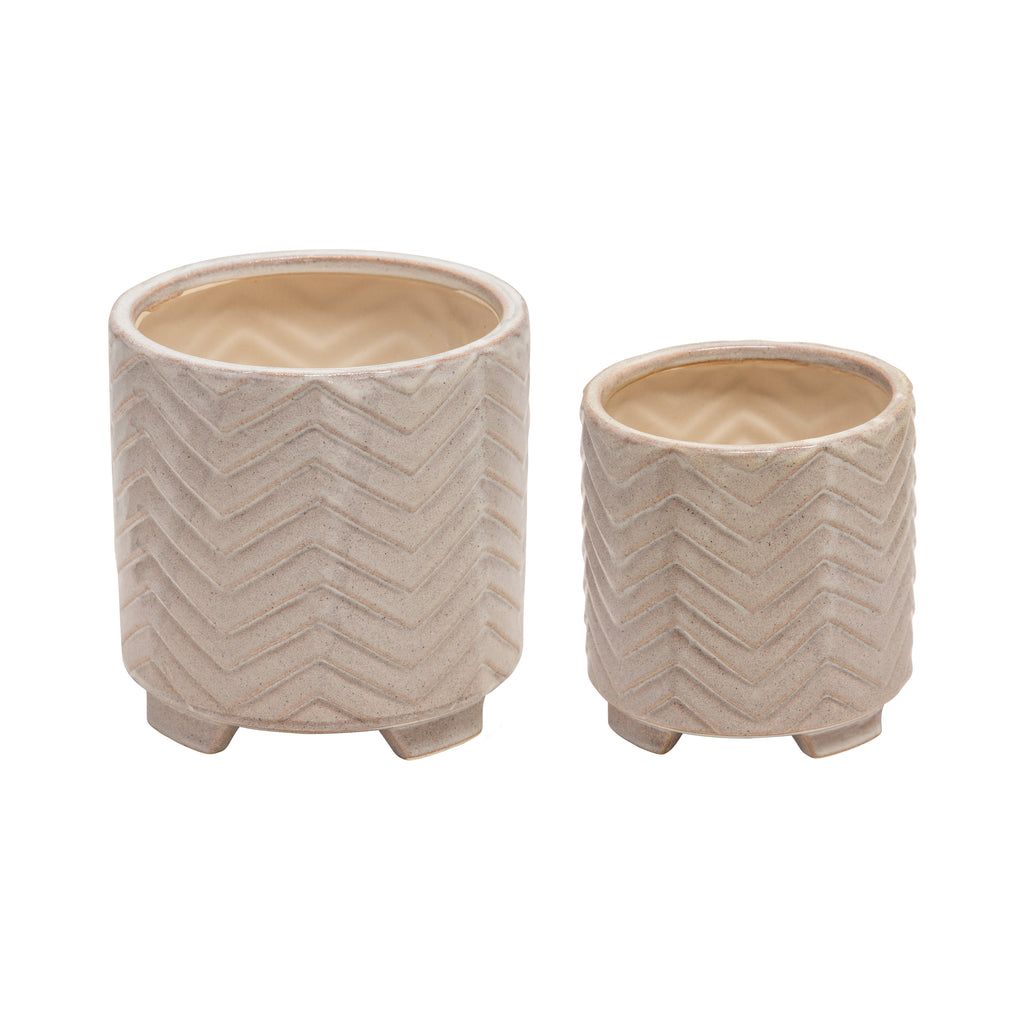 S/2 Ceramic 8/6.5" Chevron Footed Planter, White - ReeceFurniture.com