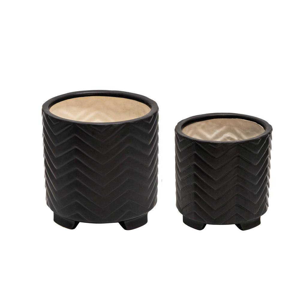 S/2 Ceramic 8/6.5" Chevron Footed Planter, Black - ReeceFurniture.com