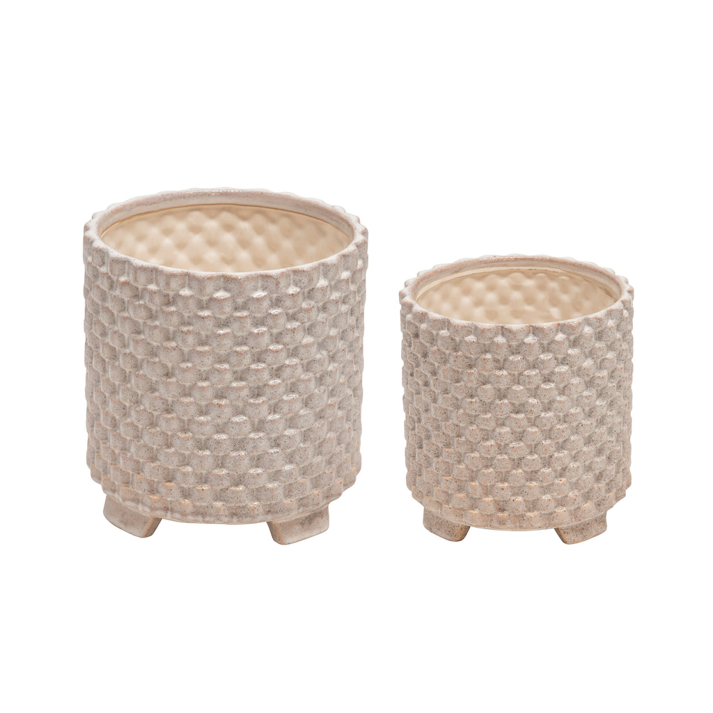 S/2 Ceramic 8/6.5" Textured Footed Planter, White - ReeceFurniture.com