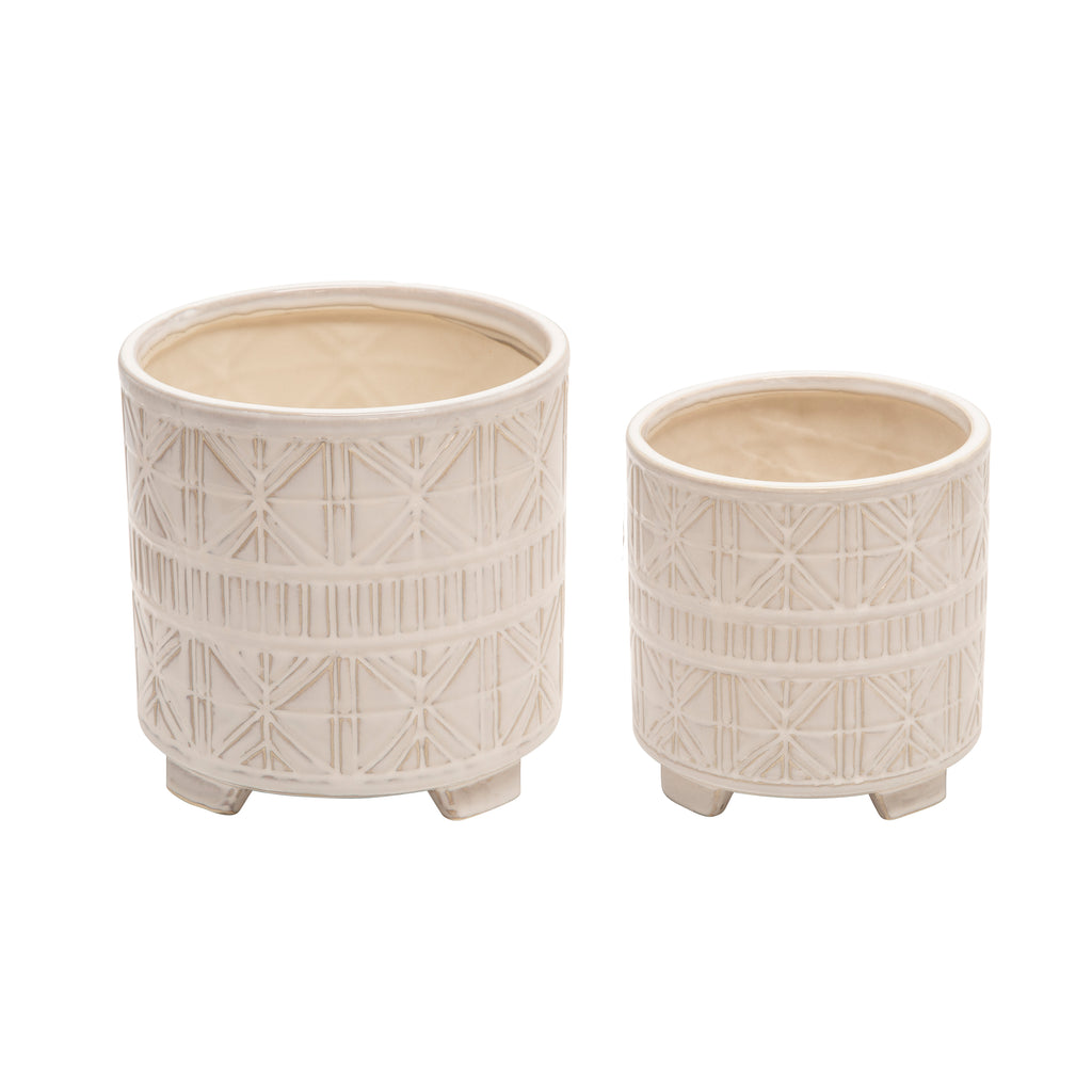 S/2 Ceramic 8/6.5" Abstract Footed Planter, Beige - ReeceFurniture.com