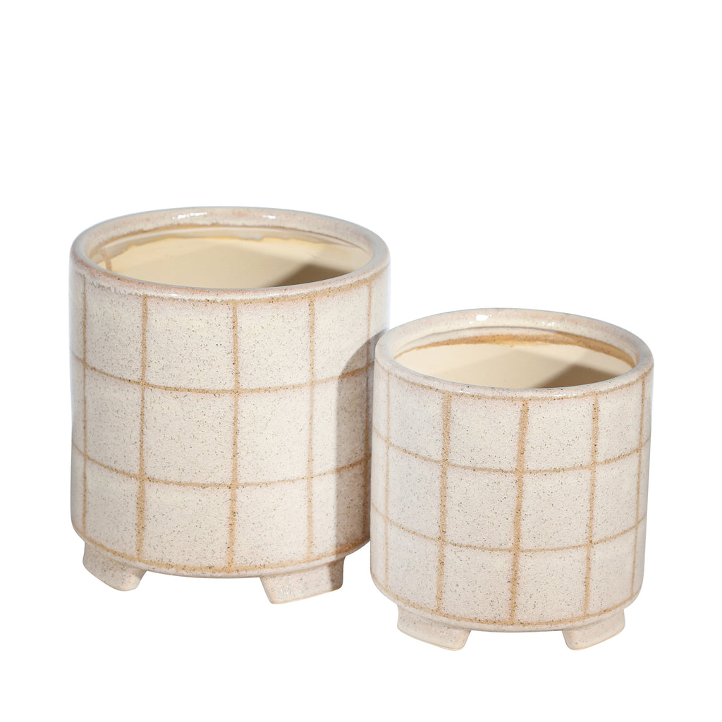S/2 Ceramic 8/6.5" Footed Planter, Beige - ReeceFurniture.com
