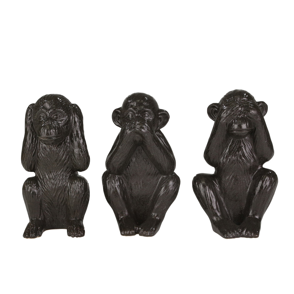 S/3 Ceramic 12" Monkeys, Black - ReeceFurniture.com