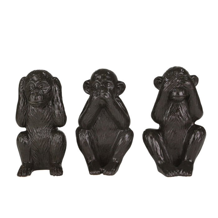 S/3 Ceramic 12" Monkeys, Black