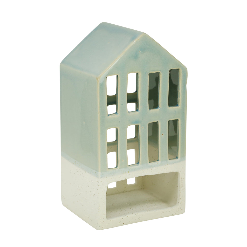 Blue 9.5" Ceramic House Lantern - ReeceFurniture.com