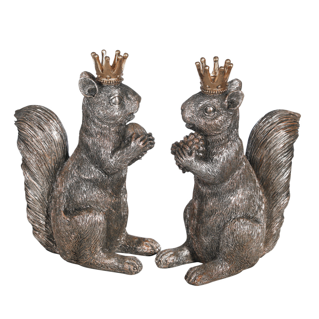 S/2 Resin 8" Squirrels W/Crowns, Silver - ReeceFurniture.com