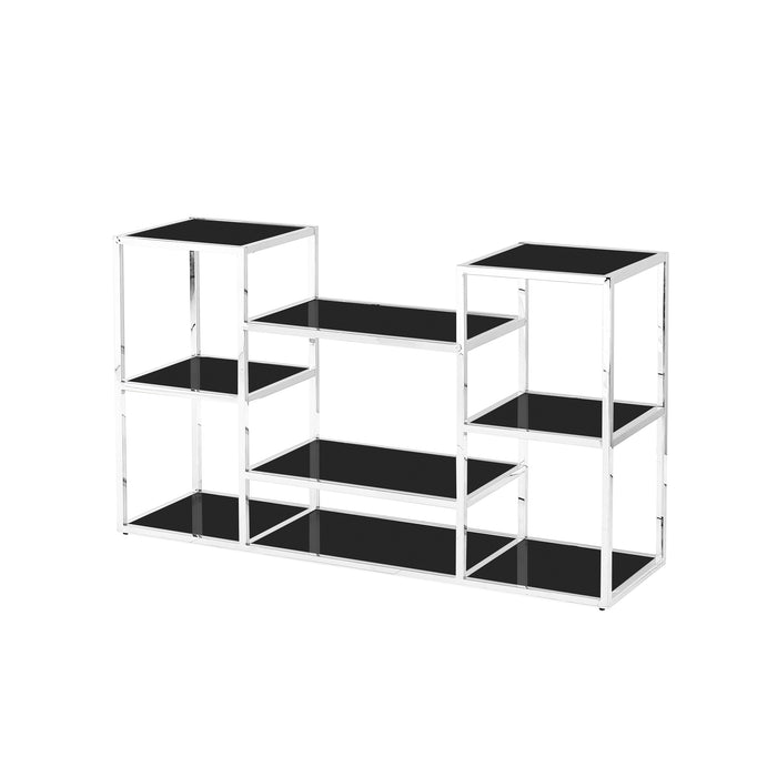 Stainless Steel Console Table, Silver/Black Glass