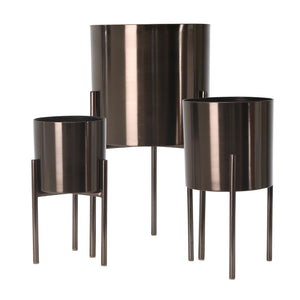 S/3 Metal Planters On Stand 18/15/12"H, Gray - ReeceFurniture.com